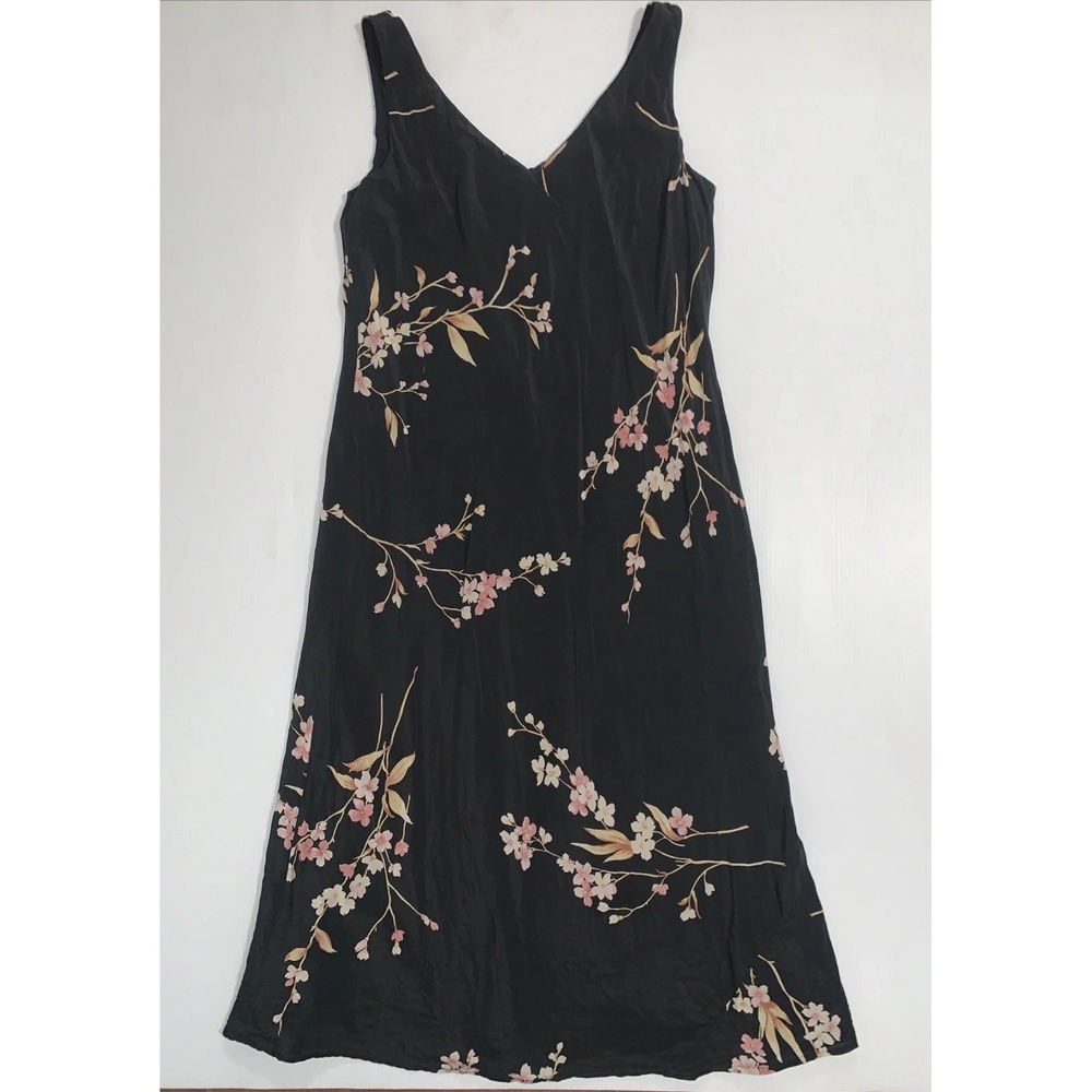 Vtg Y2K Fairy Sheath Silk Dress 14 Floral Black Pink Romantic V Neck Sleeveless - Picture 2 of 9